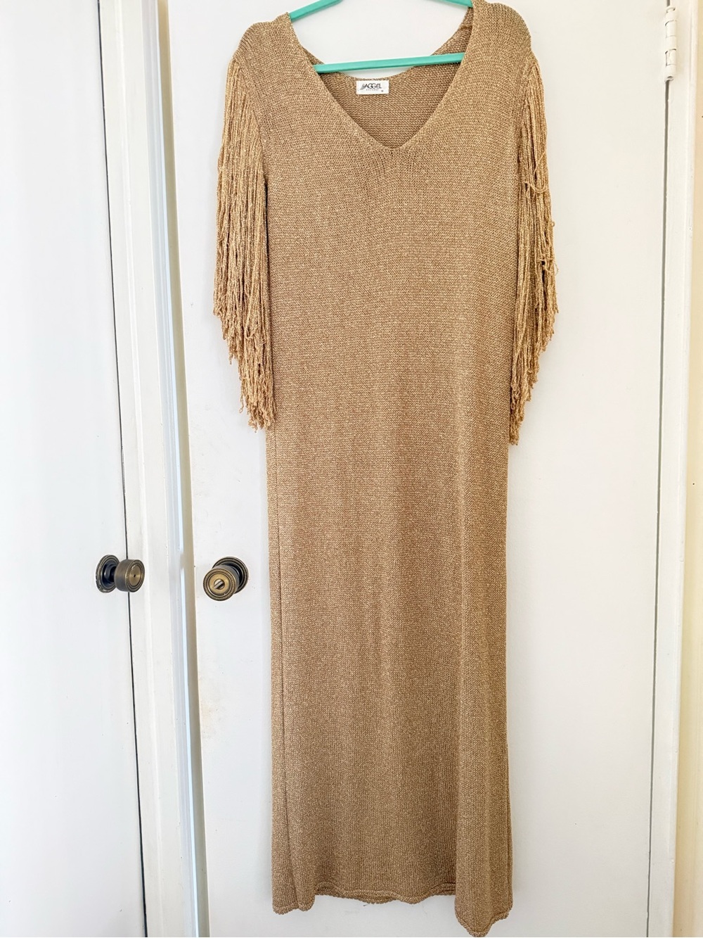 Ankle-Length Metallic Fringe-Sleeve Maxi Dress — Gold